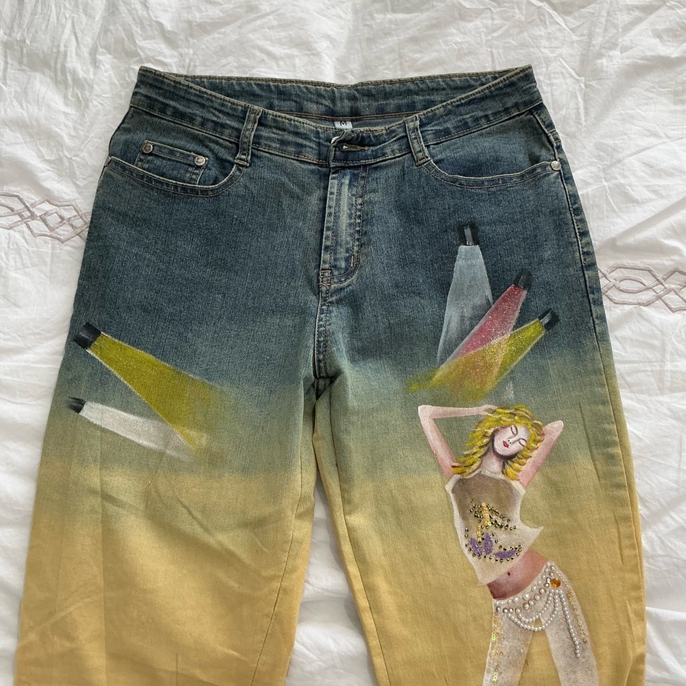 Hand-Painted Ombre Flare Jeans with Graphic Dance Motif - Yellow/Green